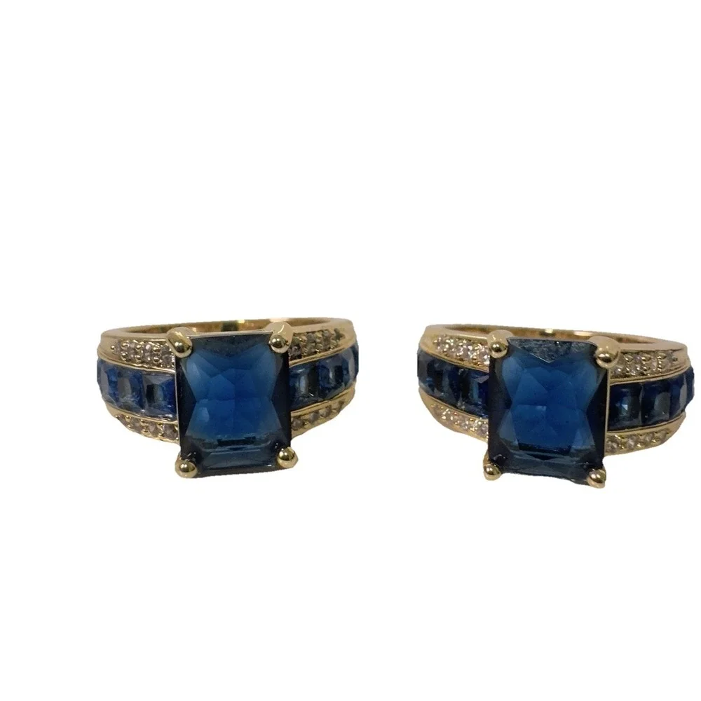 2 Yoursfs Rings Blue Stones Gold Tone Square Shape‎ Size 10 Costume Jewelry Gift